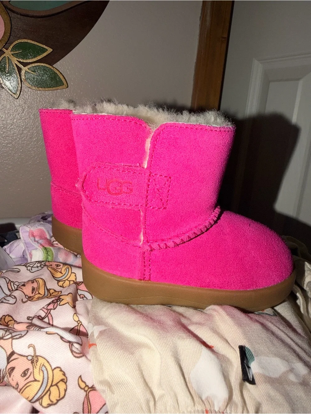 UGG Bright Pink Kids Suede Shearling Boots